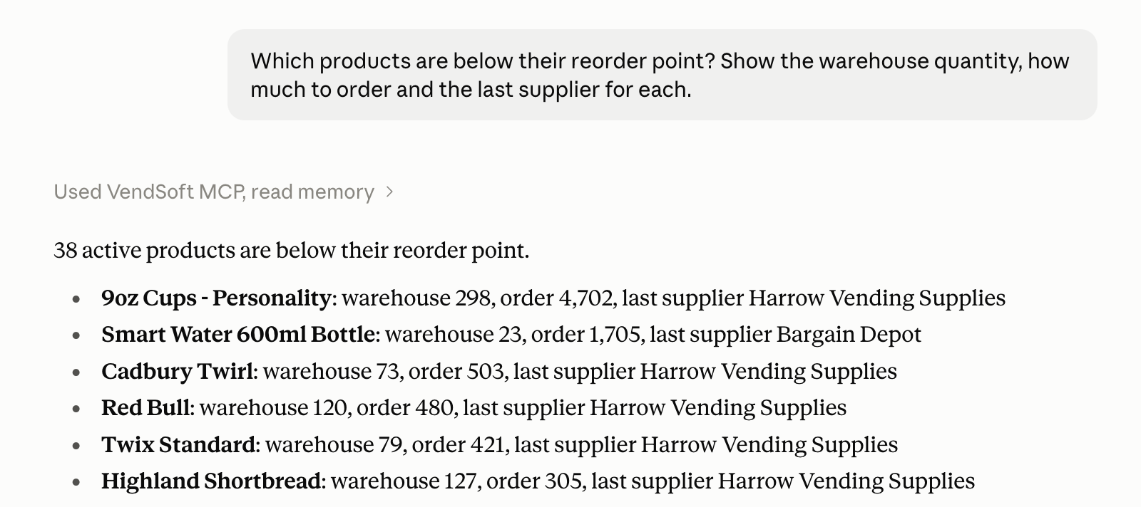 Example answer showing products below their reorder points with warehouse stock, suggested order quantities and last suppliers