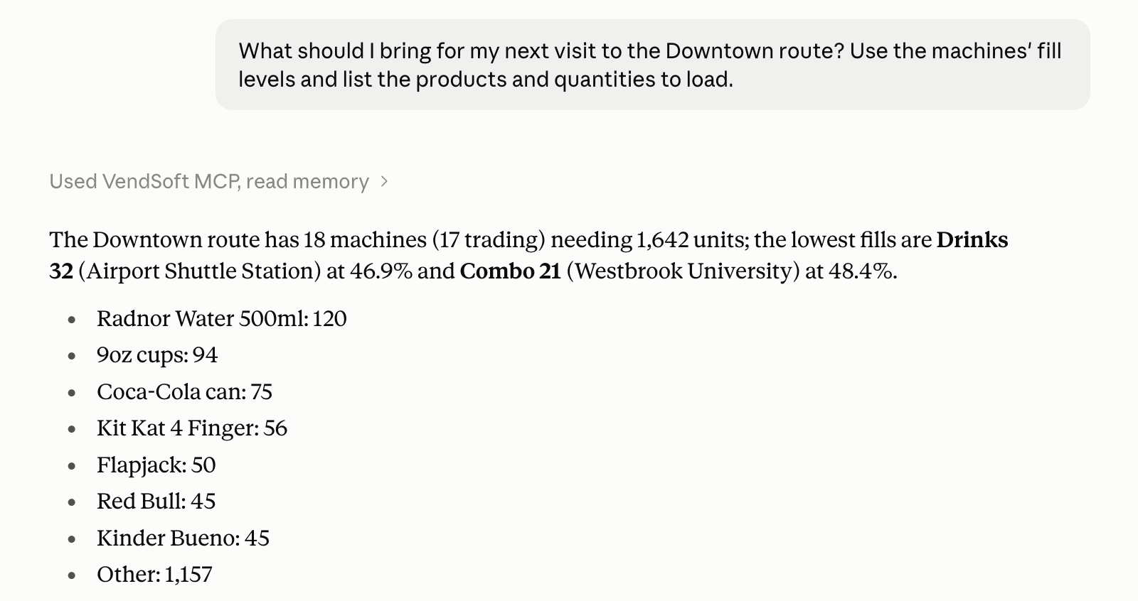 Example answer listing products and quantities to bring for one route based on machine fill levels and planogram stock