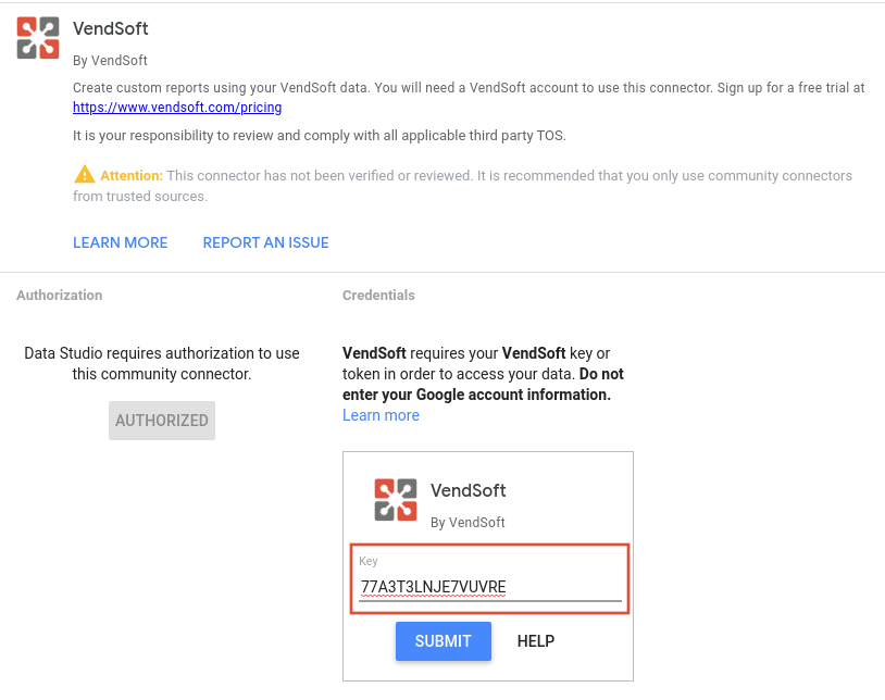 VendSoft Google Data Studio Connector Step 4
