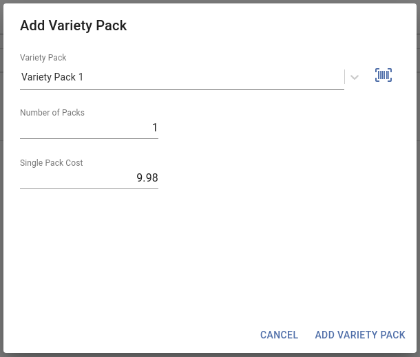 Add Variety Pack screen