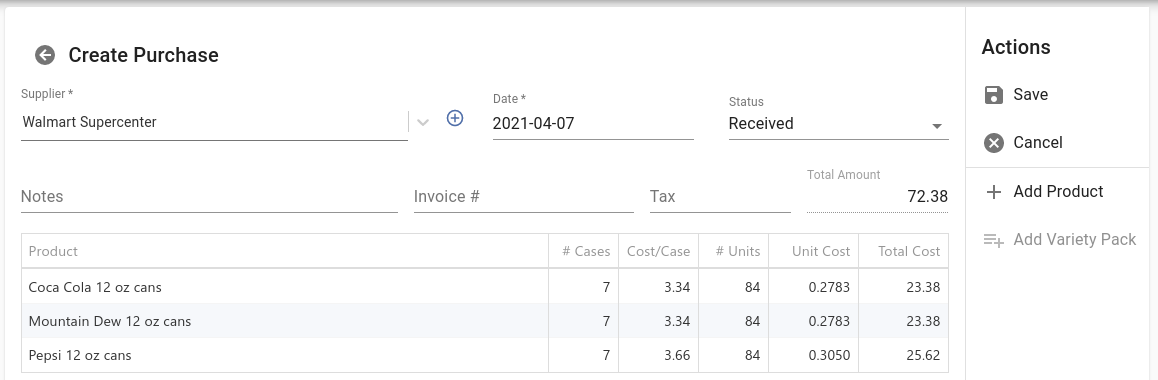 Create Purchase screen