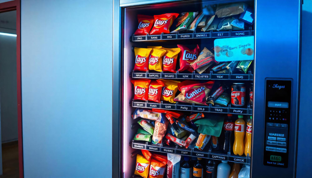 A vending machine filled with various snacks and drinks against a plain white wall