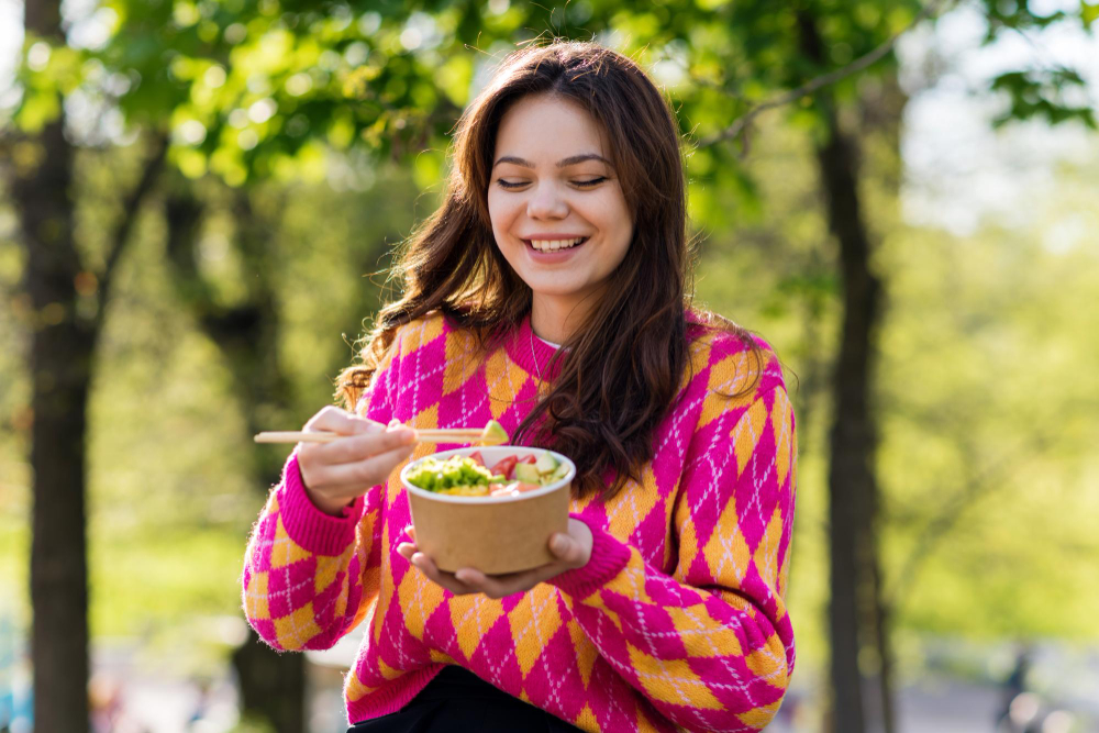 A happy woman eating a poke