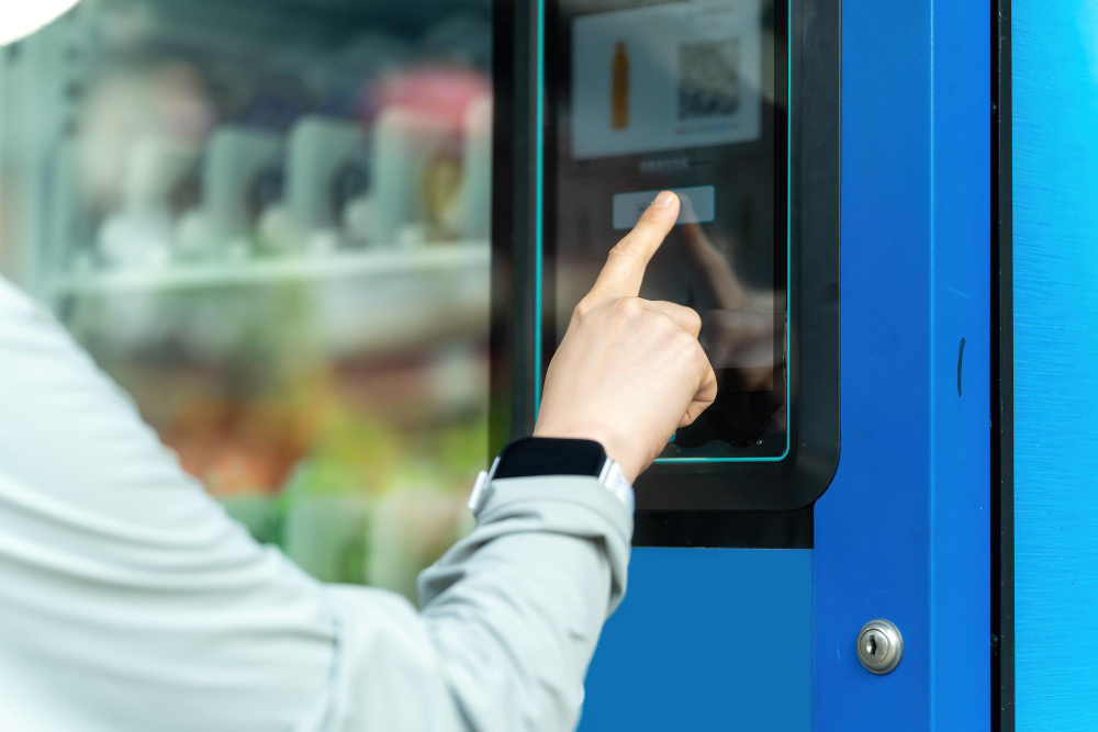 User engaging with modern vending machine touchscreen interface