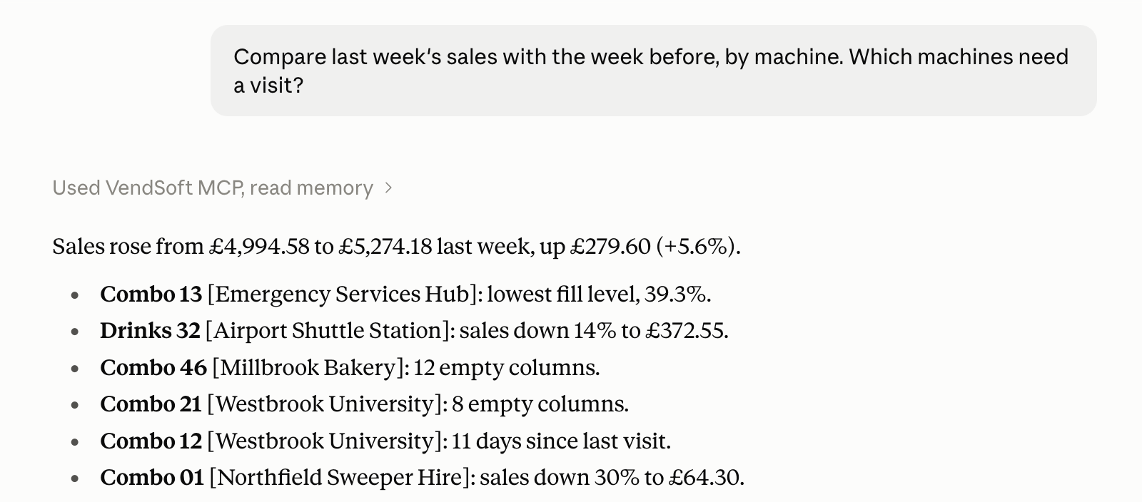 Claude’s answer: last week’s sales against the week before, followed by six machines to visit with the reason for each