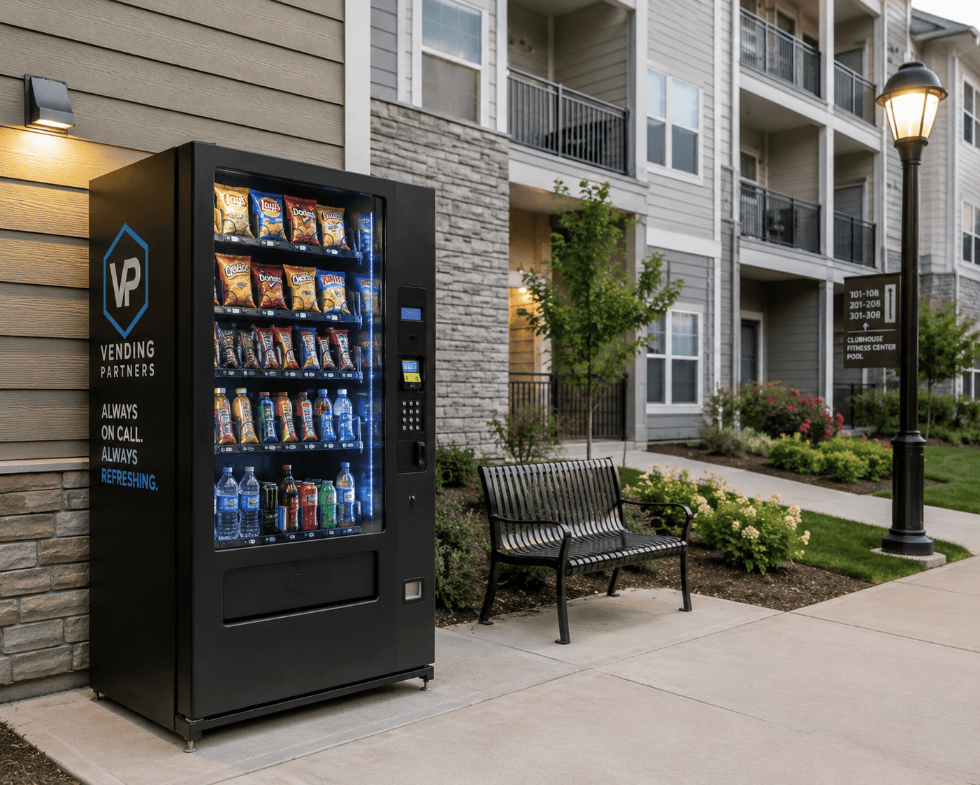 Modern snack and drink vending machine installed outside the clubhouse of a large apartment complex, providing 24/7 convenience for residents.
