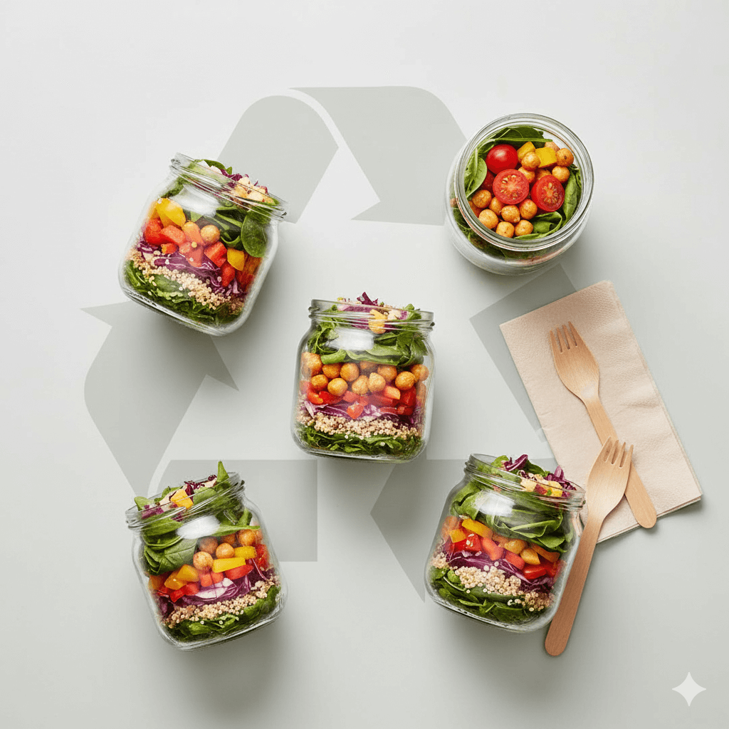Overhead view of five clear jars filled with colorful layered salads, arranged on a light surface with a faint recycling symbol in the background. A compostable fork and napkin set is placed beside the jars.