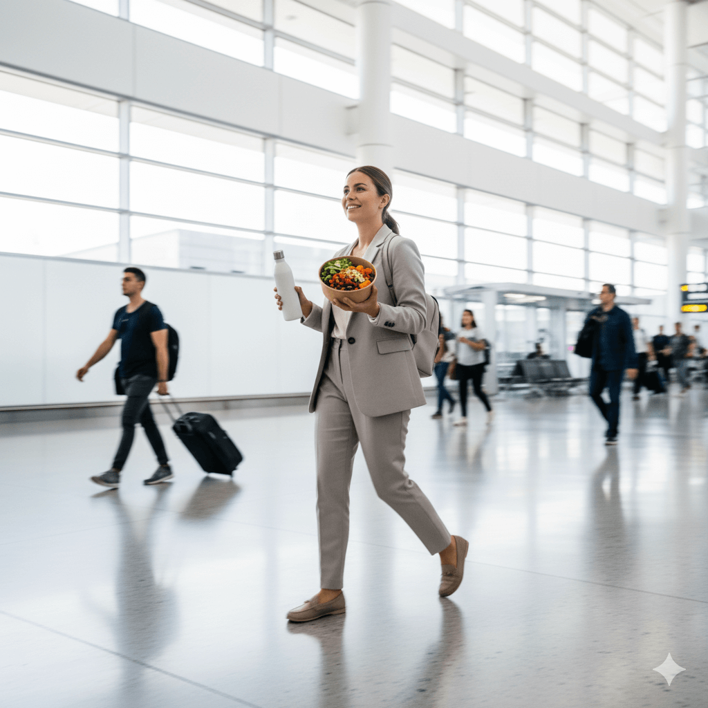 Business traveler walking through a bright airport concourse, carrying a colorful salad bowl and a reusable water bottle, with other passengers and rolling luggage in soft motion blur.