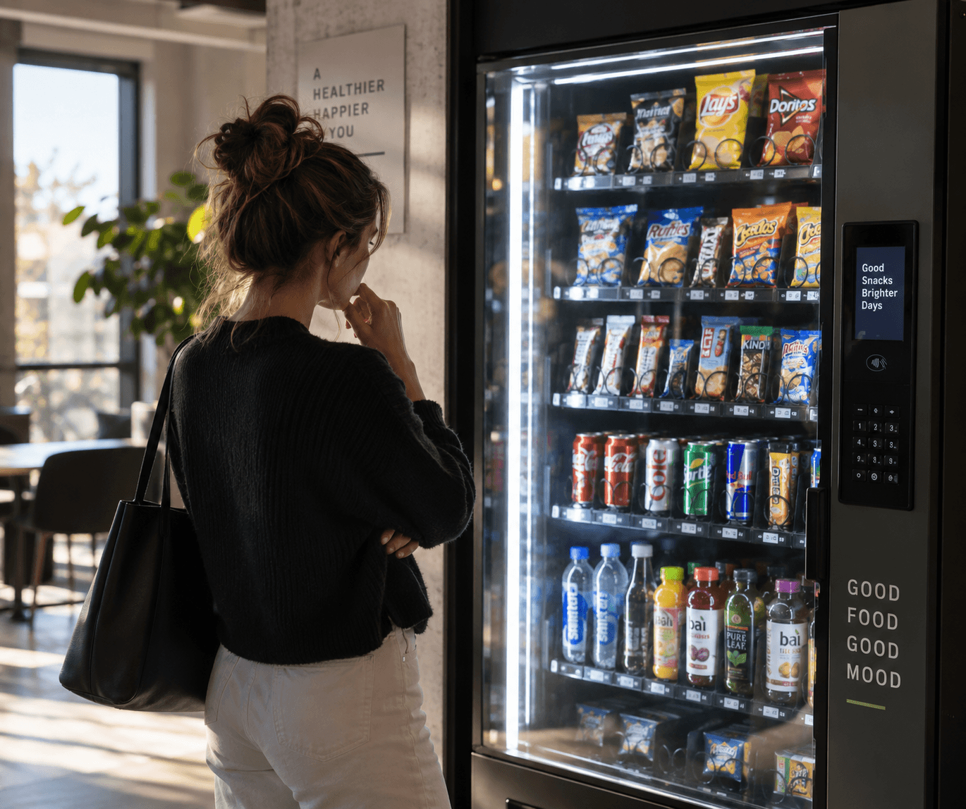 Woman choosing between products at a vending machine, illustrating vending machine consumer behavior and purchasing decisions.