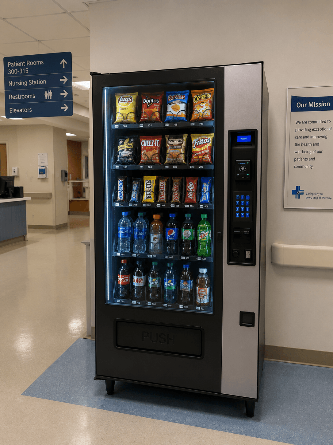 Modern snack and beverage vending machine in a hospital corridor, stocked with drinks and snacks for staff, patients, and visitors.