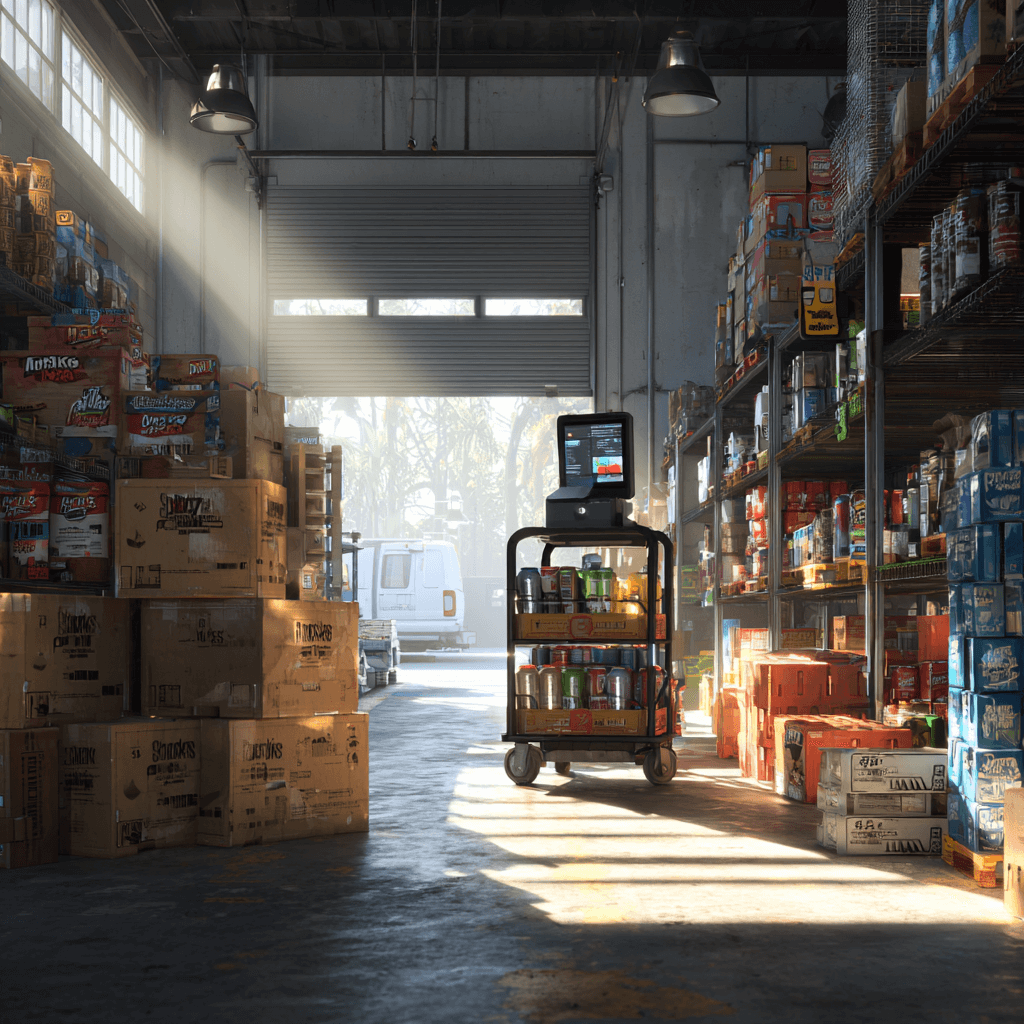 vending-supplies-warehouse-rolling-cart-with-tablet-sunlit-aisle-open-shutter-and-delivery-van