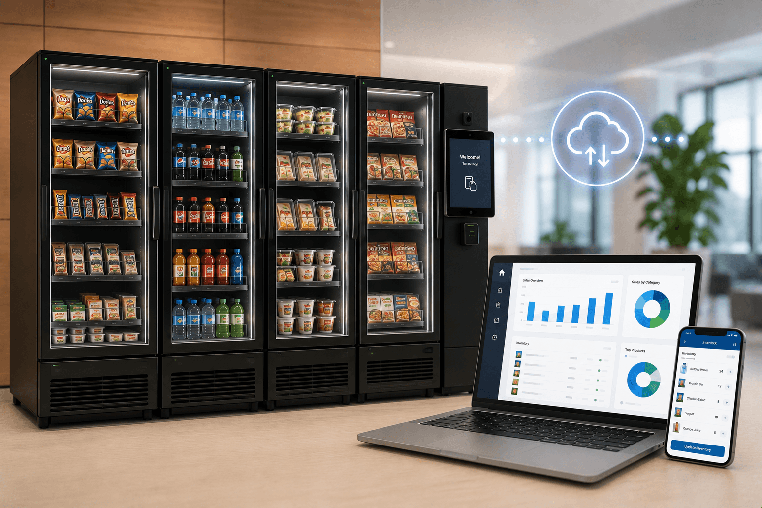Smart refrigerated retail cabinets connected to a vending management dashboard and mobile restocking app, illustrating automated sales and inventory synchronization.