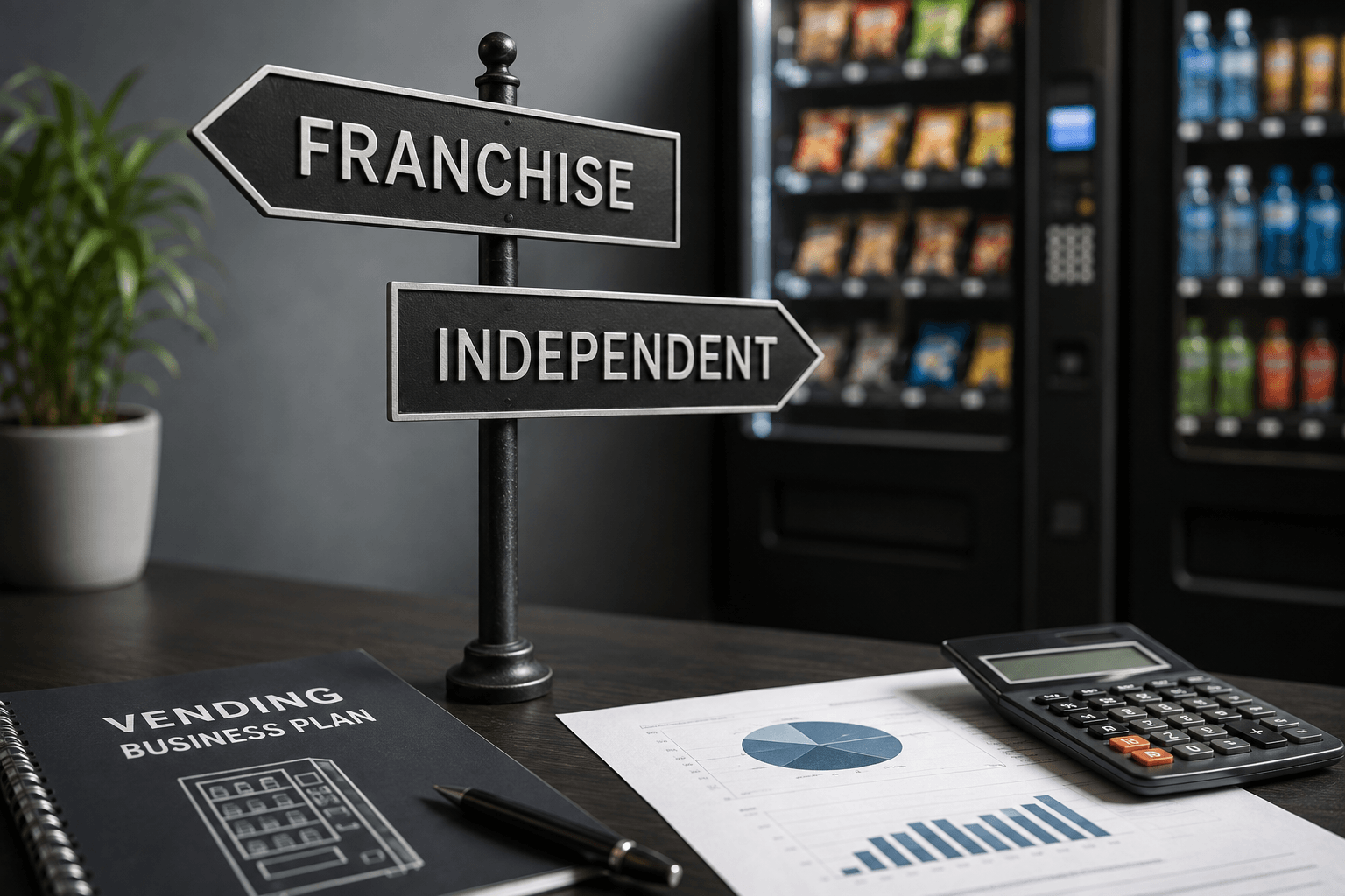 Vending machine business planning desk with signs pointing to franchise and independent business options.