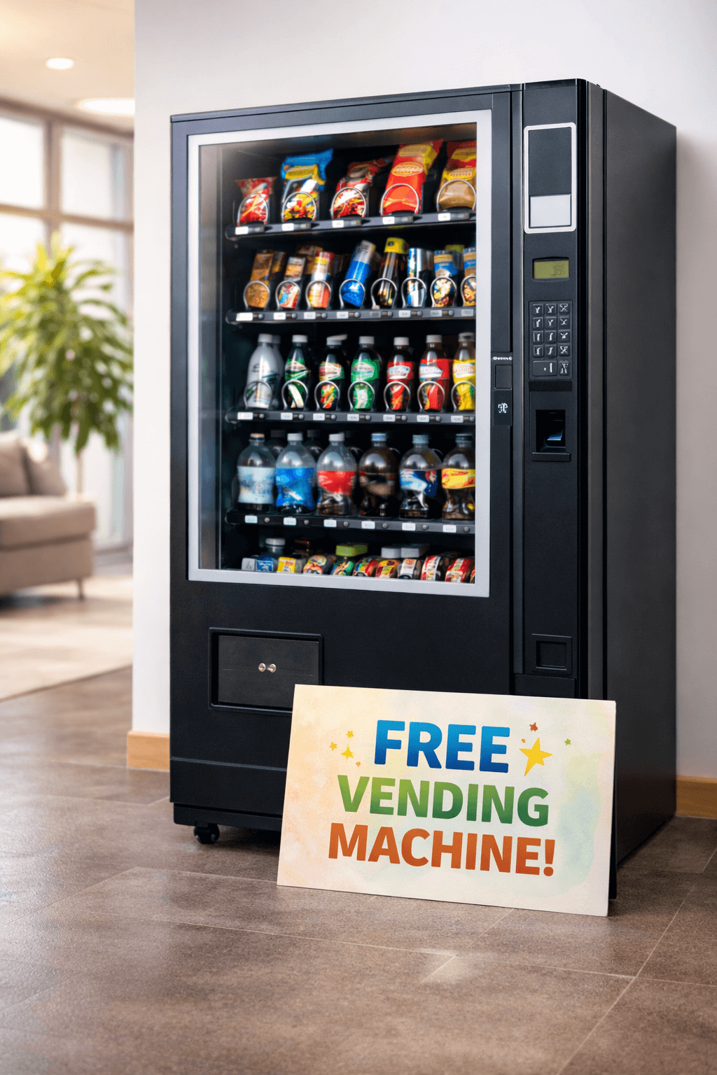 A modern vending machine stocked with snacks and drinks stands in a bright lobby, with a soft-colored sign in front that reads “FREE VENDING MACHINE!” in blue, green, and orange letters.