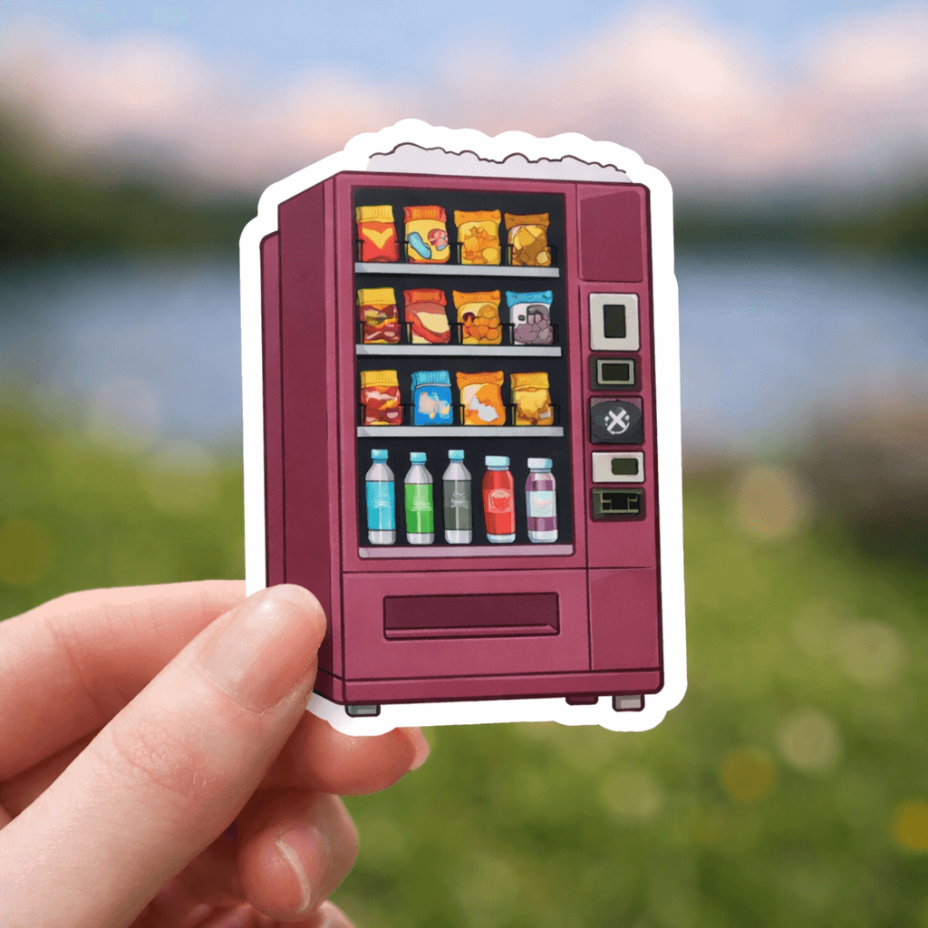 Hand holding a die-cut sticker of a dusty-rose vending machine with clear rows of snacks and drinks, in sharp focus against a softly blurred lakeside background.