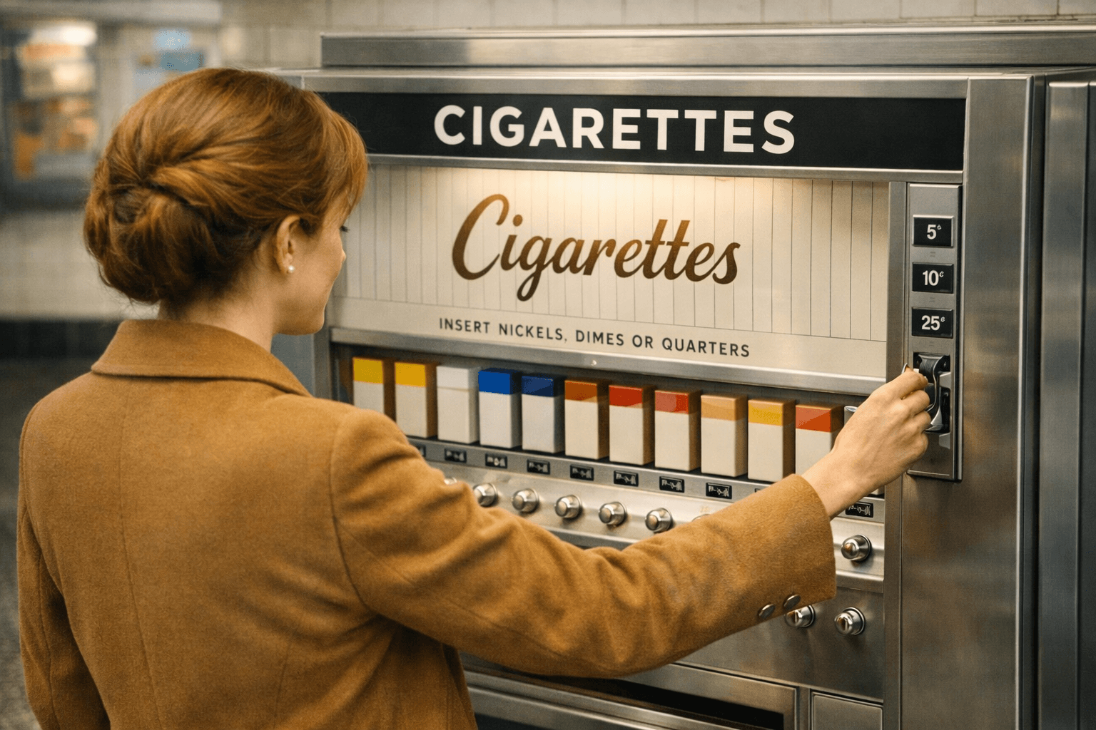 Color photo late 20th century New York style showing a woman in a knee-length coat with a bouffant hairstyle, standing on the left and using a vintage cigarette vending machine, photographed from a right-side angle in an urban indoor setting.