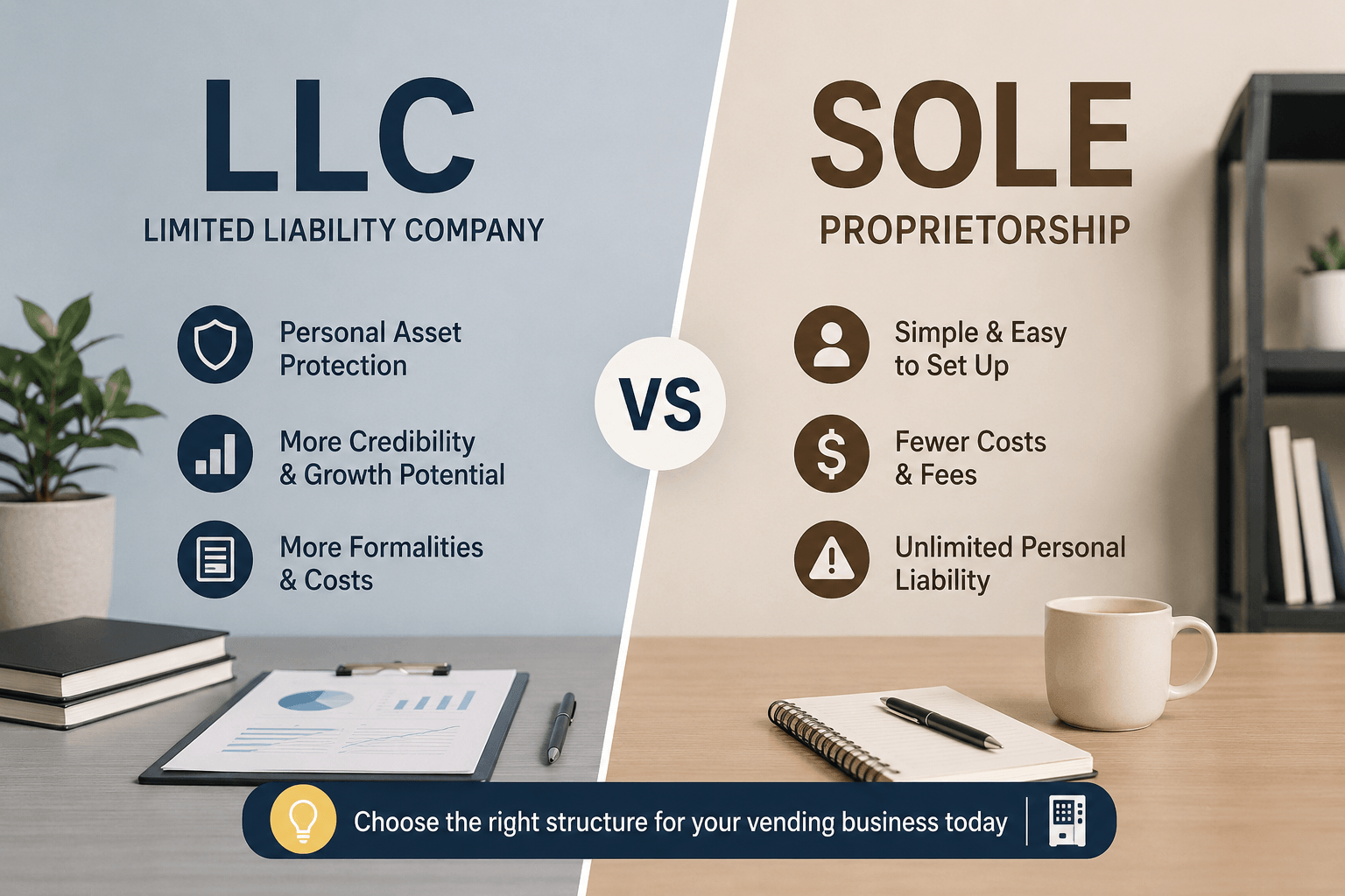 Split comparison graphic titled “LLC vs Sole Proprietorship” showing key differences in liability protection, setup simplicity, and costs for vending machine operators