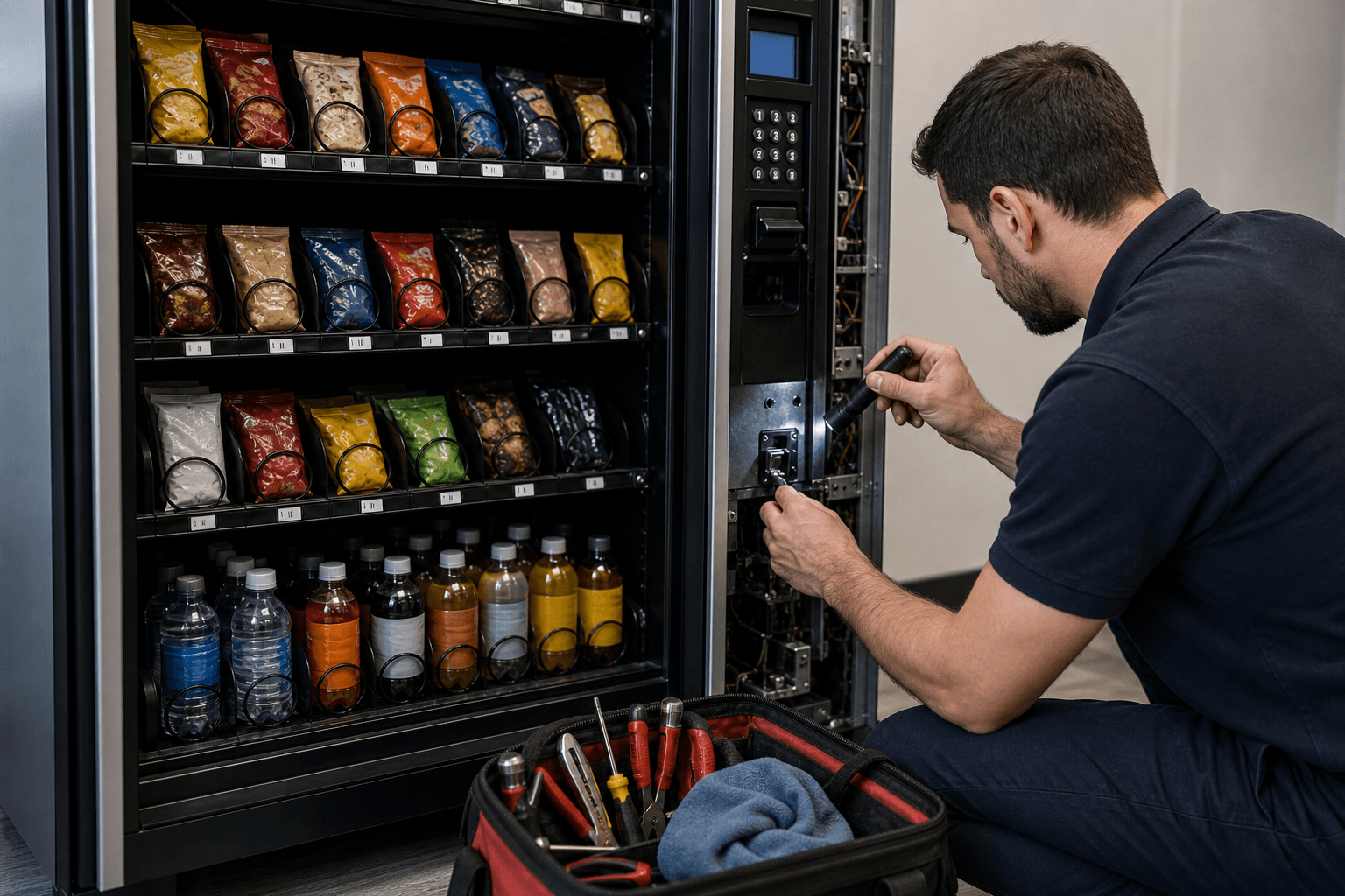 Close-up of a technician servicing the inside of a vending machine, with tools and visible snack-and-drink compartments in a clean, brand-free setting.