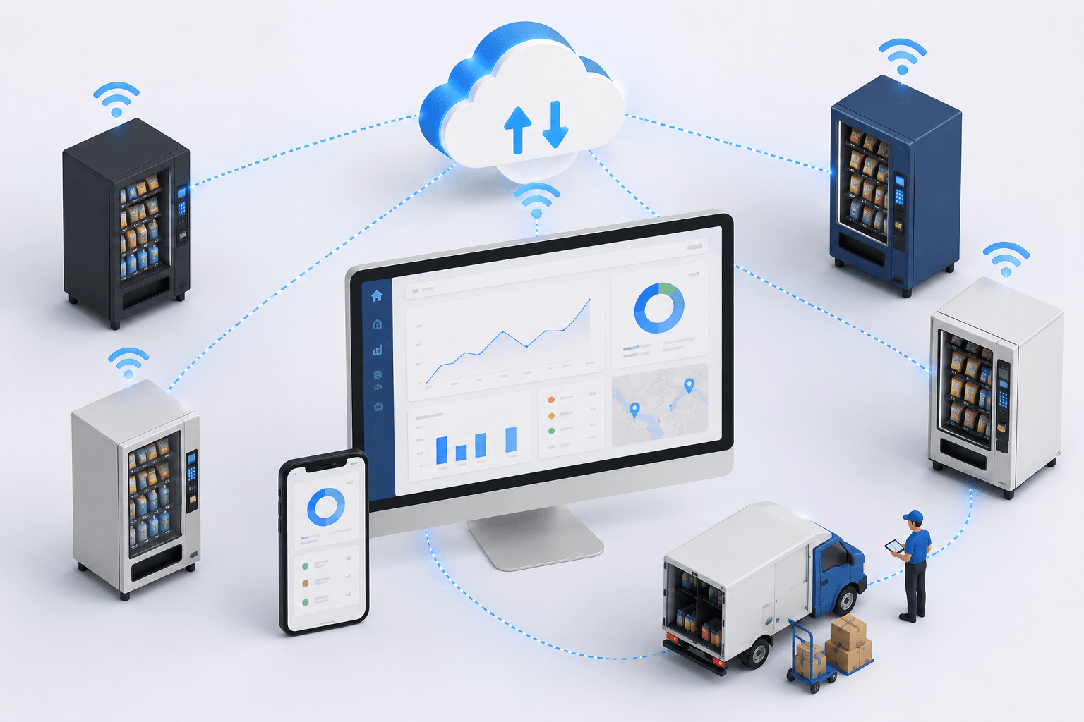 Illustration of connected vending machine devices sending telemetry data to a cloud dashboard, showing wireless connectivity and real-time monitoring.