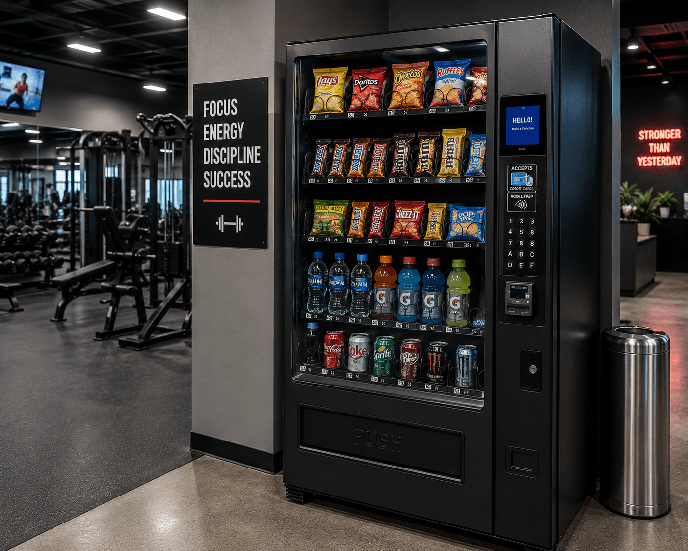 A modern fitness center with a black vending machine stocked with snacks and beverages positioned near the workout area. Weight machines, free weights, and mirrors are visible in the background, while motivational signs and bright overhead lighting create a clean, energetic gym environment.