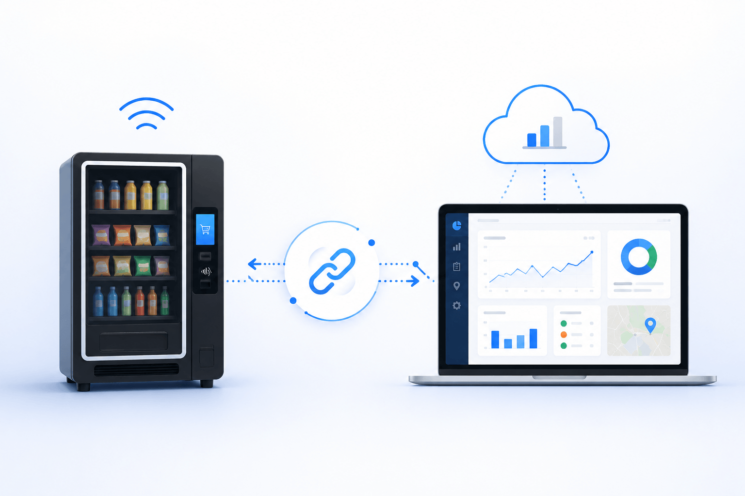 Minimal graphic showing a smart vending machine icon connected to a software dashboard with linking lines, representing seamless integration and real-time data sync.