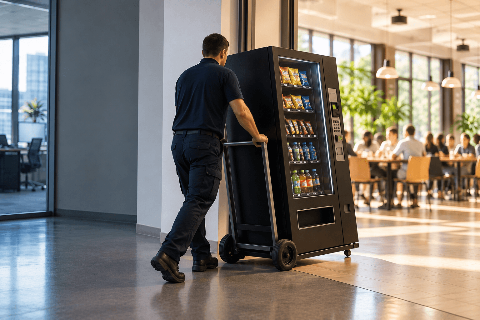 Worker relocating a vending machine to a new location to improve vending machine profitability.