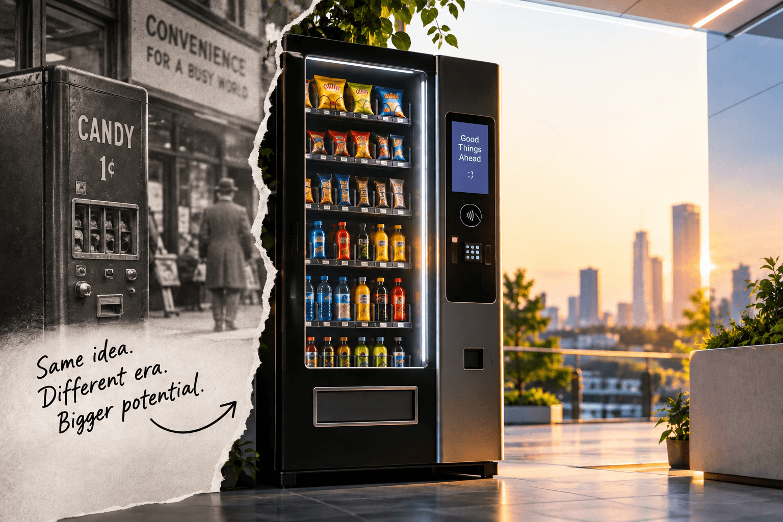 Vintage vending machine contrasted with a modern smart vending machine, illustrating the evolution of vending into autonomous retail.