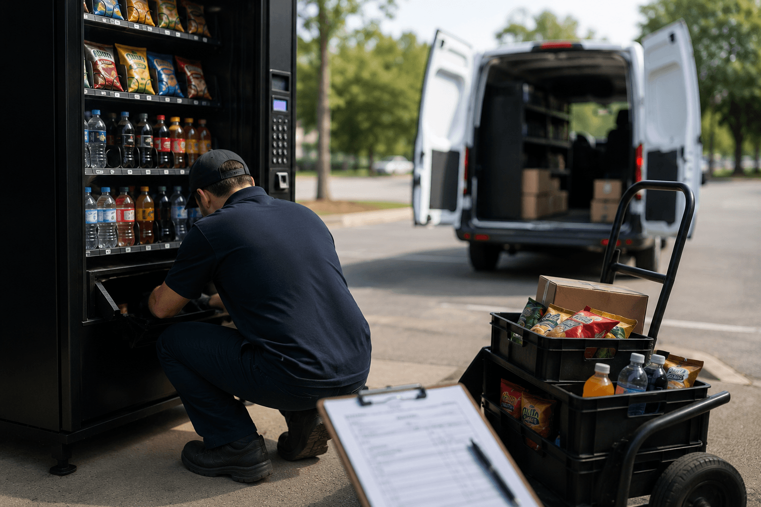 Vending machine operator restocking a machine beside a service van with products ready for replenishment.