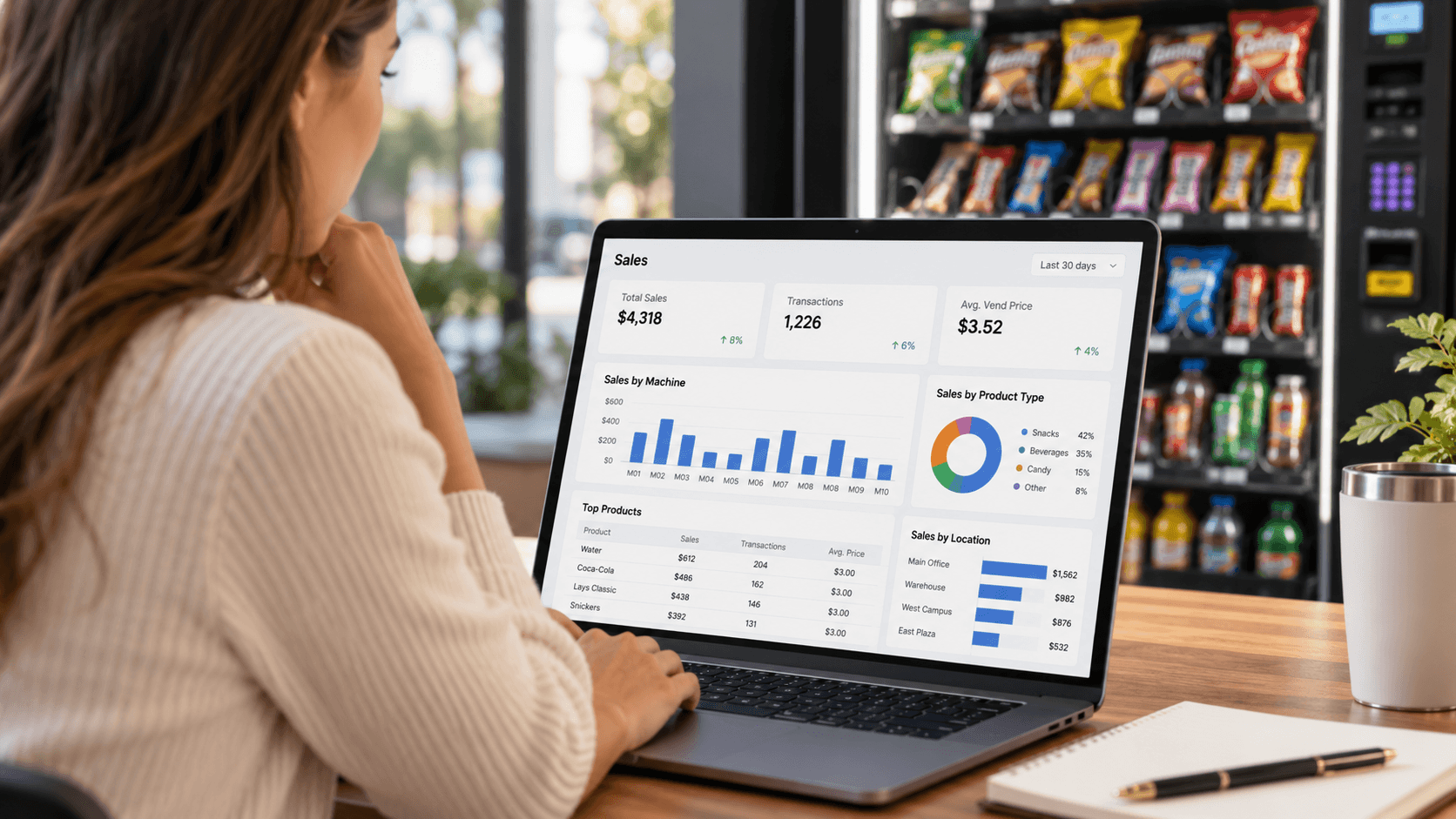 Vending machine operator reviewing sales data and performance reports on a laptop.