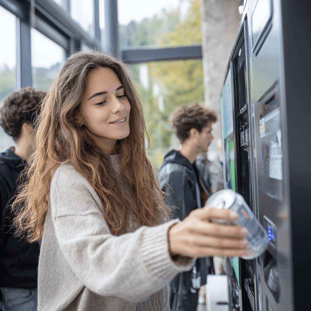 A young woman with long brown hair smiles while retrieving a canned drink from a vending machine in a modern, sunlit indoor space. Other people are also using vending machines in the background.