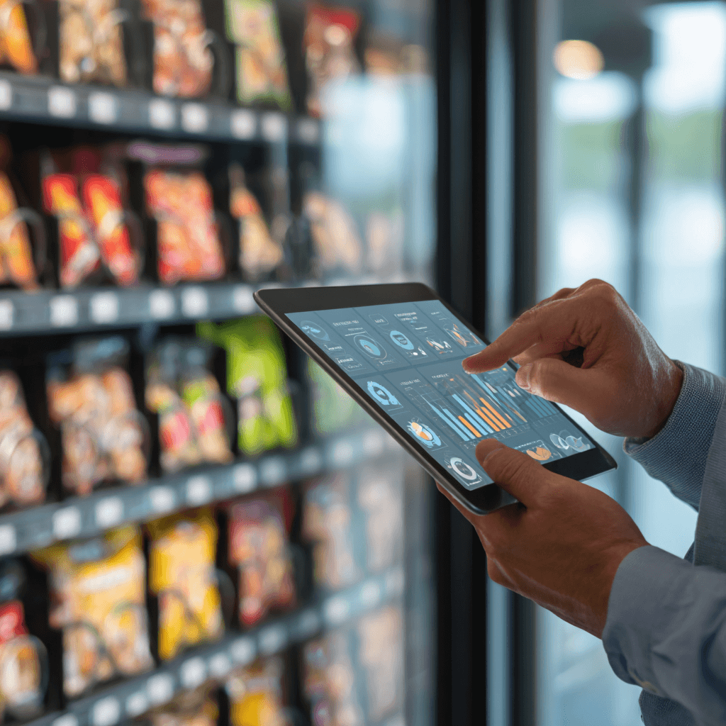 vending operator using a tablet or smartphone to monitor sales data and restock a modern healthy vending machine, showing technology integration, product organization